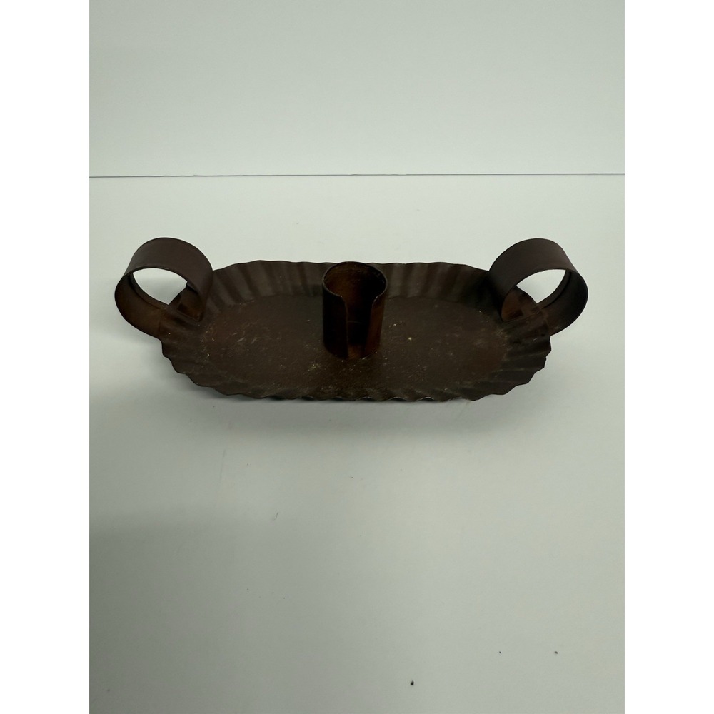 Primitive Rustic Pillar Candle Fluted Tin Pan Candlestick Handle
